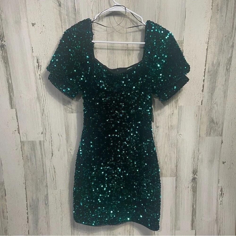 Altard State Candice Sequin Puff Sleeve Dress Green Hunter Black sz‎ M NWT Party